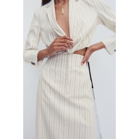 Matching Set - Zara Cropped Striped Blazer with Linen Blend Midi Skirt - Picture 3 of 11